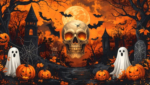 Escena de Halloween con calavera, fantasmas y calabazas bajo luna naranja