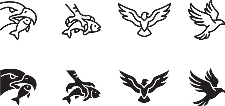 Minimalist Osprey And Fish Icon Set Featuring Birds Of Prey In Silhouette, Representing Wildlife Conservation And Outdoor Branding.