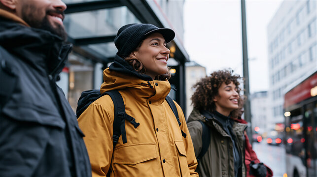 Friends in utilitarian outdoor jackets waiting at a city bus stop. AI gen