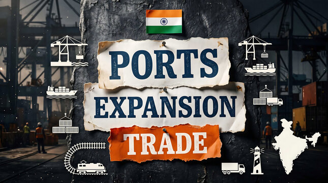Collage of torn magazine and newspaper cut outs featuring the letter 'PORTS EXPANSION TRADE' in different fonts, sizes, and colours. indian flag and set of icons.