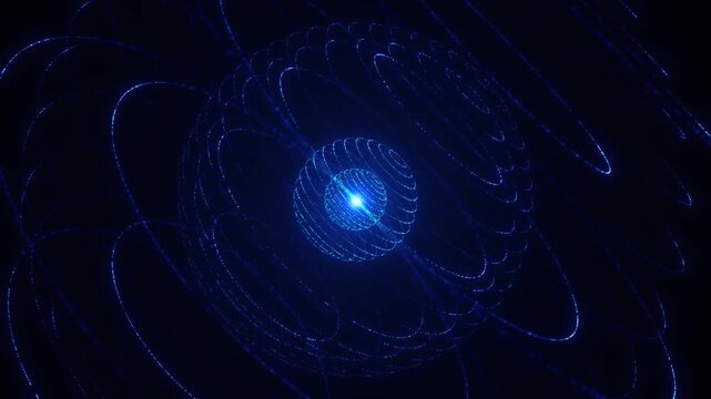 Luminous azure circular waves orbit a bright energy point in dark space, creating a futuristic science visual for quantum computing, particles, signal networks, research, physics and technology loops.