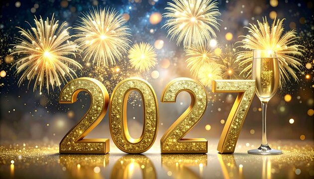 2027 dorado con fuegos artificiales y copa de celebraci&oacute;n
