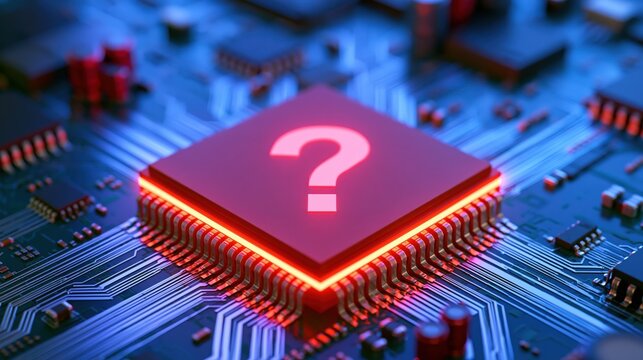 A glowing question mark illuminates a central processor on a digital circuit board.