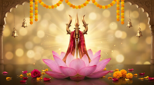 Lord shiva trishul symbol on a blooming pink lotus flower with traditional marigold flower garlands and bells for spiritual hindu festival celebration background
