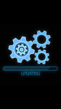 Glowing blue gears with an updating progress bar represent software updates, system maintenance, automation, settings, installation, processing, technology upgrades and digital service workflow video.