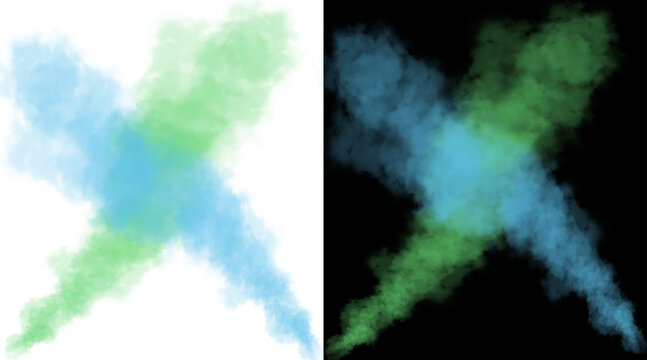 Abstract blue and green smoke explosion, colorful powder burst in cross shape, vibrant dust cloud isolated on white and black background