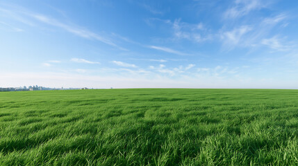 Obraz premium A vast green grass field swaying in the breeze with a faint city skyline on the distant horizon under a pale blue sky with thin clouds.