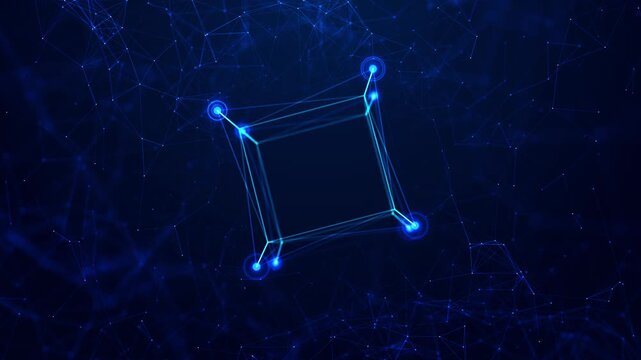 Futuristic blue cube formed by glowing network nodes and connected lines visualizes cloud architecture, distributed data, cyber systems, digital infrastructure, connectivity and secure communications.