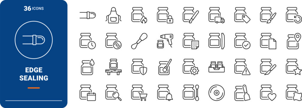 Gum Tragacanth Edge Sealing Web Icon Set in Linear Style. Collection of edge finishing line icons, including burnishing, gum tragacanth, leathercraft, edge sealing, hand tools, workshop.