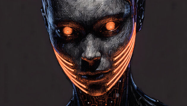 Dark cybernetic face with illuminated orange neon wires. Artificial intelligence consciousness concept. Humanoid cyborg head looking forward with glowing eyes in darkness