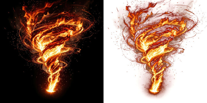 Fiery tornado vortex with swirling flames and sparks, dynamic fire storm effect on black and transparent backgrounds