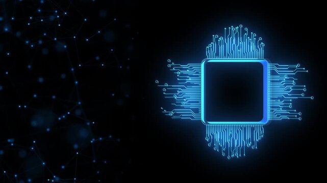 Futuristic processor with bright circuits and network connections visualizes AI acceleration, semiconductor computing, automation, edge processing, server hardware and next generation digital systems.