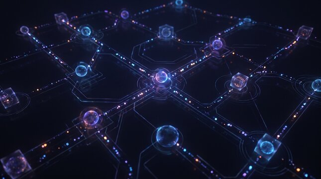 Glowing digital network nodes connected by vibrant streams of luminous data points flowing across a dark reflective surface representing advanced artificial intelligence architecture within complex cy