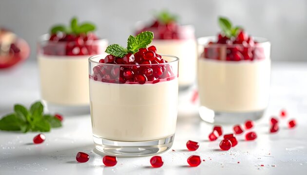 Postres en vaso con crema blanca y semillas de granada