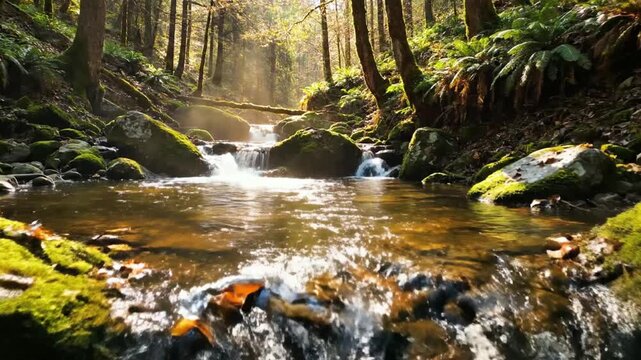 Sunlight shining through trees on mossy forest stream waterfall