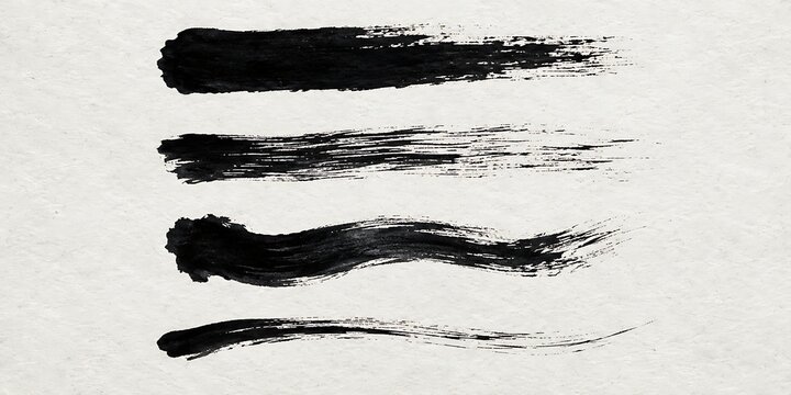 Black ink brush strokes on white textured paper, set of 4 hand-painted calligraphy swashes, artistic ink smudges for graphic design elements