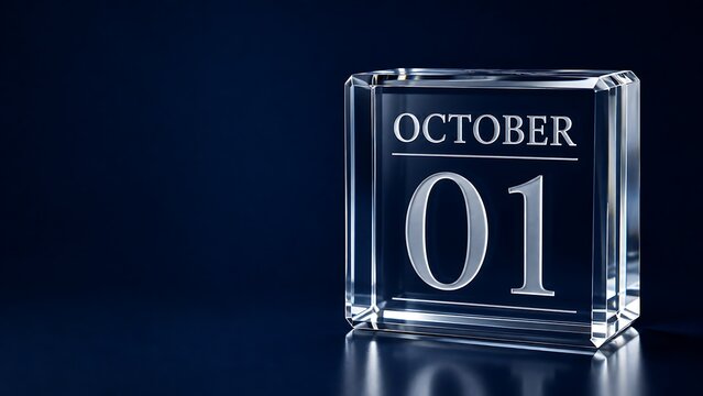 Glass block calendar showing october 01 on a dark blue background with desktop calendar glass cube date reminder calendar page desk accessory time management planning tool business event