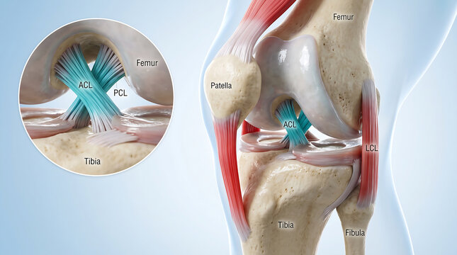 Detailed Anatomical Illustration Of Human Knee Joint Showing ACL PCL Ligaments Patella Femur Tibia And LCL With Cruciate Ligament Inset