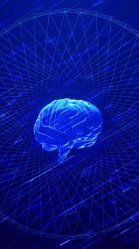 Glowing digital brain inside a wireframe tunnel represents artificial intelligence, neural processing, machine learning, cognition, automation, research, data science and advanced AI computing system.