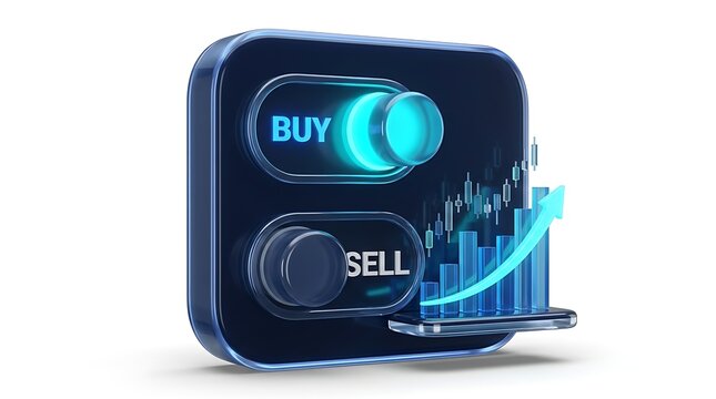 3d render of buy and sell trading toggle switch with growth chart