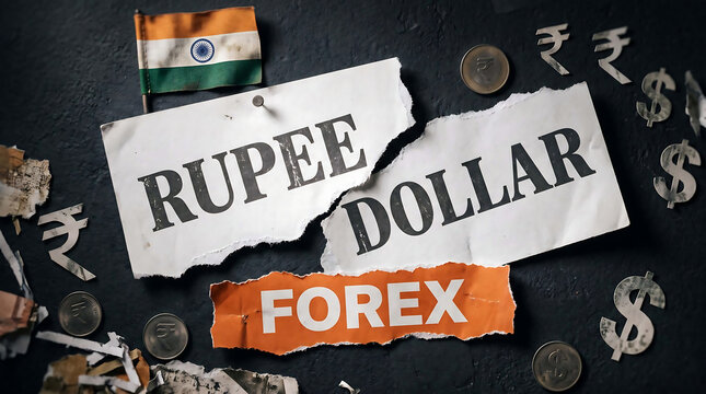 Collage of torn magazine and newspaper cut outs featuring the letter 'RUPEE DOLLAR FOREX' in different fonts, sizes, and colours. indian flag	