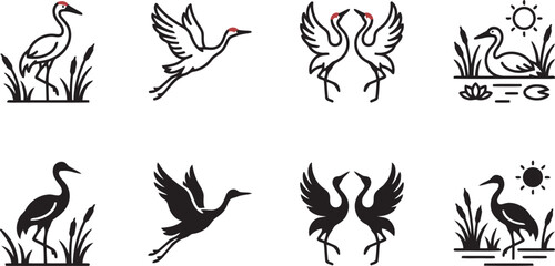 Fototapeta premium Set Of Minimalist Crane And Marshland Icons In Vector Format Representing Oriental Zen Culture And Natural Wildlife Tranquility Motifs.