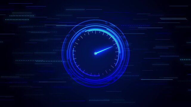 Futuristic blue speedometer interface visualizes network performance, processing speeds, system analytics, benchmark testing, acceleration, monitoring, optimization and digital infrastructure metrics.
