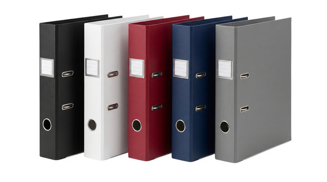 Set of five colorful office ring binders standing in a row isolated on transparent background