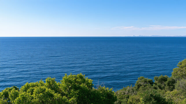 Viewed from above, lush green trees in the foreground, a vast deep blue ocean in the midground, and a faint city silhouette on the distant horizon.