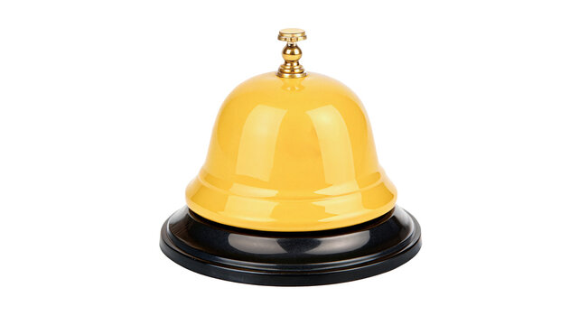 Classic metallic brass service hand bell call reception isolated on transparent background.