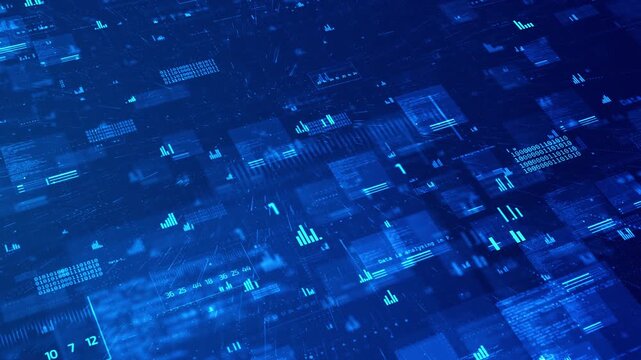 Deep blue information network scene filled with glowing code panels, statistics, graphs, binary digits, and data particles. analytics, cloud computing, automation, research, enterprise visuals.