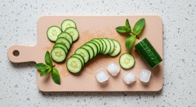 Fresh cucumber slices and mint garnish on wooden cutting board with ice cubes