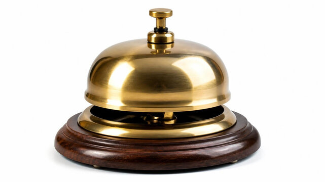 Vintage brass service bell on wooden base, classic hotel reception desk bell, polished gold call bell for concierge and hospitality services