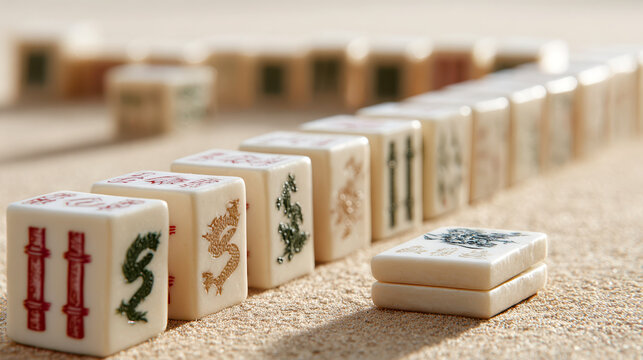 Closeup row of mahjong tiles on cream tabletop for game background and banner design showing traditional dragon and character tiles in soft warm light