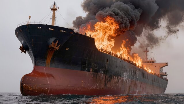 Massive cargo ship engulfed in intense fire and thick black smoke on open ocean   