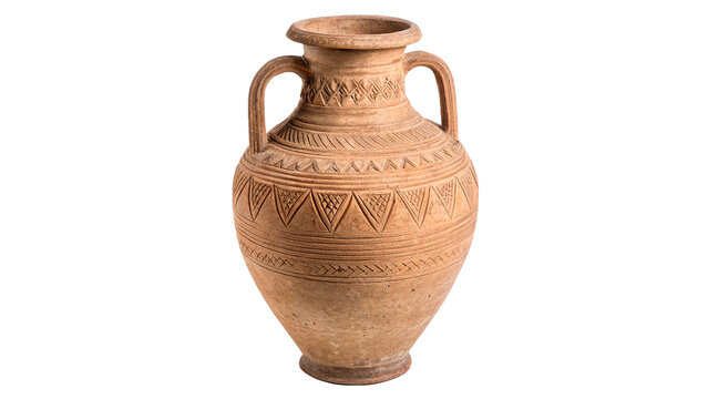 Ancient terracotta clay amphora vase isolated on transparent background