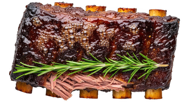 Grilled steak with fresh rosemary garnish. Juicy beef ribeye cooked to perfection on a cutting board. Premium meat dish for gourmet recipes and cul...