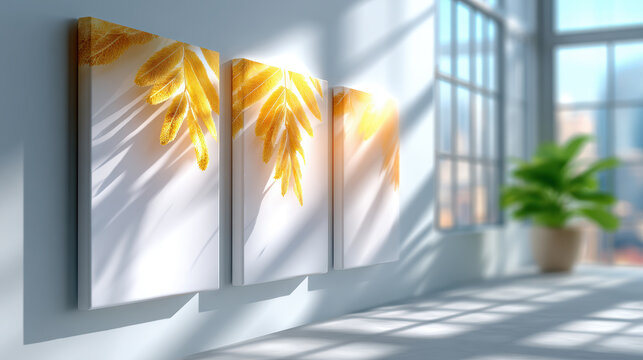 Triptych gallery wall with three golden leaf canvas prints in bright modern interior for interior design showcase, product mockup, hotel lobby styling and home decor presentation