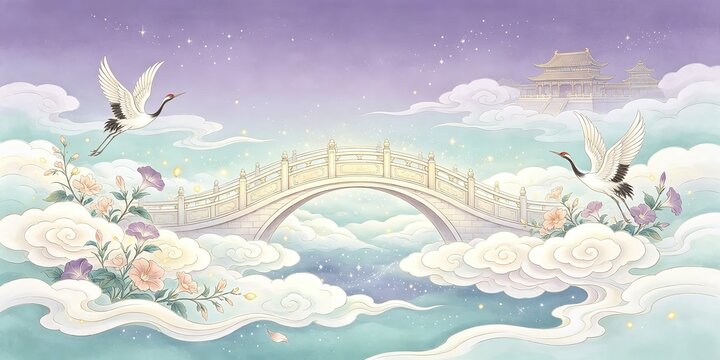 Traditional Chinese Painting Immortal Bridge In Clouds With Red Crowned Cranes Flowers Glowing Stars And Distant Palace