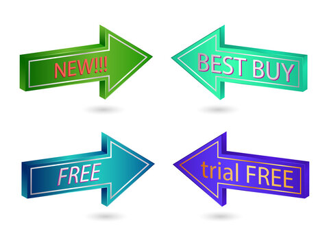 Four colorful 3 d arrow sign labels isolated on a transparent background