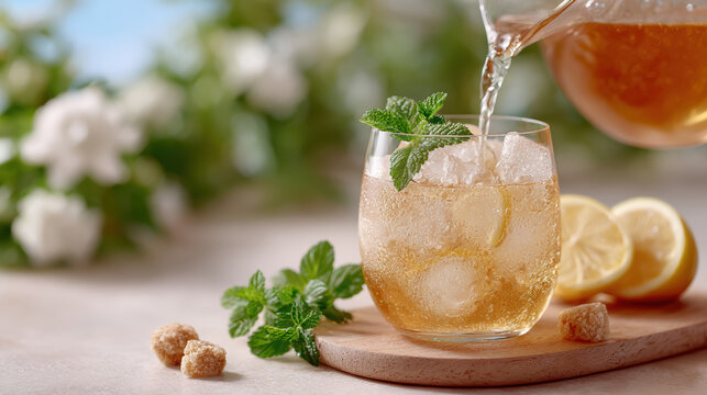 Tumbler of iced tea with mint sprig and lemon slices being poured from a pitcher for summer drink background and menu design