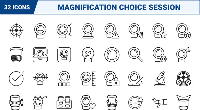 Eyepiece Magnification Choice Session Web Icon Set in Linear Style. Collection of optics, astronomy, microscopy, focal length, field view, magnification line icons, including optics, astronomy
