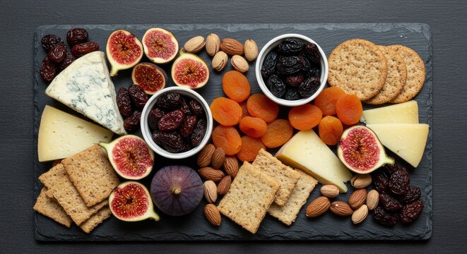 Vibrant gourmet charcuterie board with fresh cheeses figs crackers and dips for appetizers
