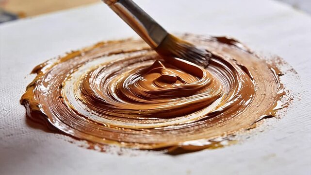 Paintbrush applying thick brown oil paint in a spiral pattern on a white canvas
