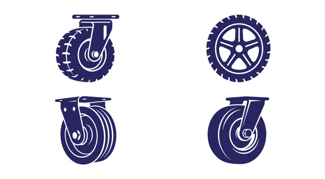 Four dark blue of industrial wheels and casters featuring a tire tread pattern, a spoked wheel, and different mounting plate