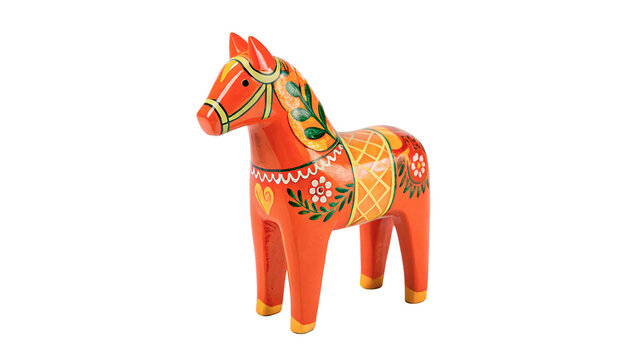 Traditional Swedish wooden Dala horse toy handicraft folk isolated on transparent background.