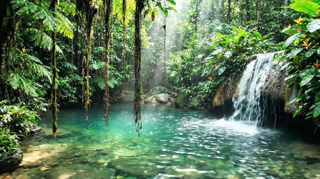 Tropical waterfall and turquoise pool in lush sunlit jungle