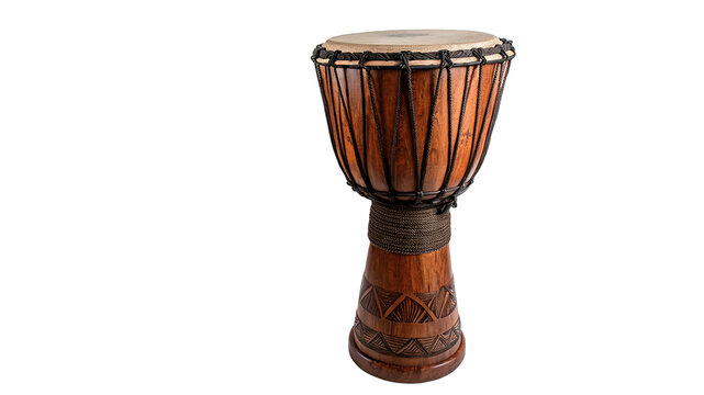 Traditional African wooden djembe hand drum percussion instrument isolated on transparent background.