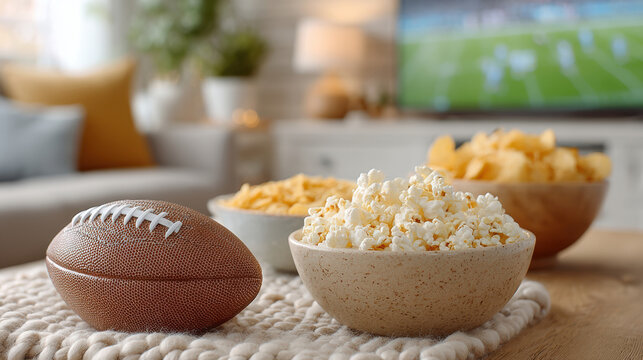 Low angle foam football on soft rug with popcorn and chips for game day background and living room sports viewing banner