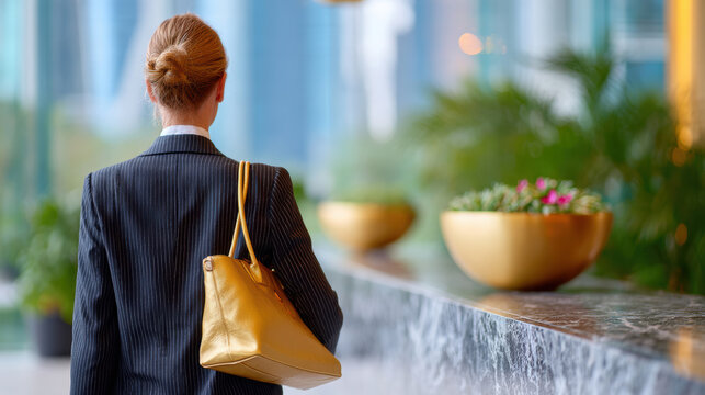 Hotel lobby arrival scene with businesswoman carrying a leather handbag approaching concierge desk for travel checkin and corporate hospitality marketing and website header use